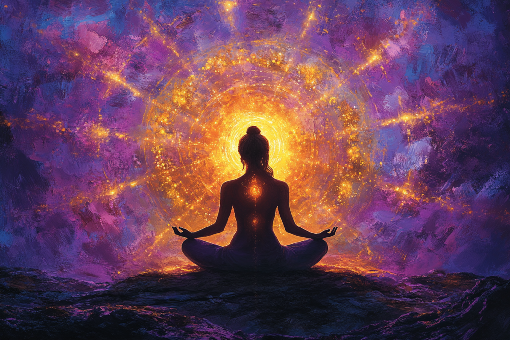 A vibrant, circular mandala design featuring a silhouetted person in a meditation pose at the center, surrounded by radiating energy beams in purple, gold, and turquoise, symbolizing spiritual alignment.