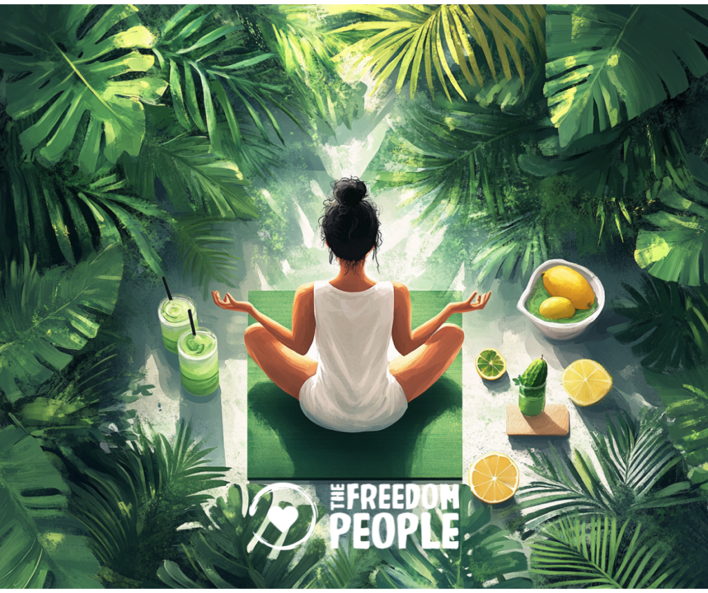 A serene individual meditating outdoors surrounded by lush greenery, symbolizing holistic wellness and health freedom.