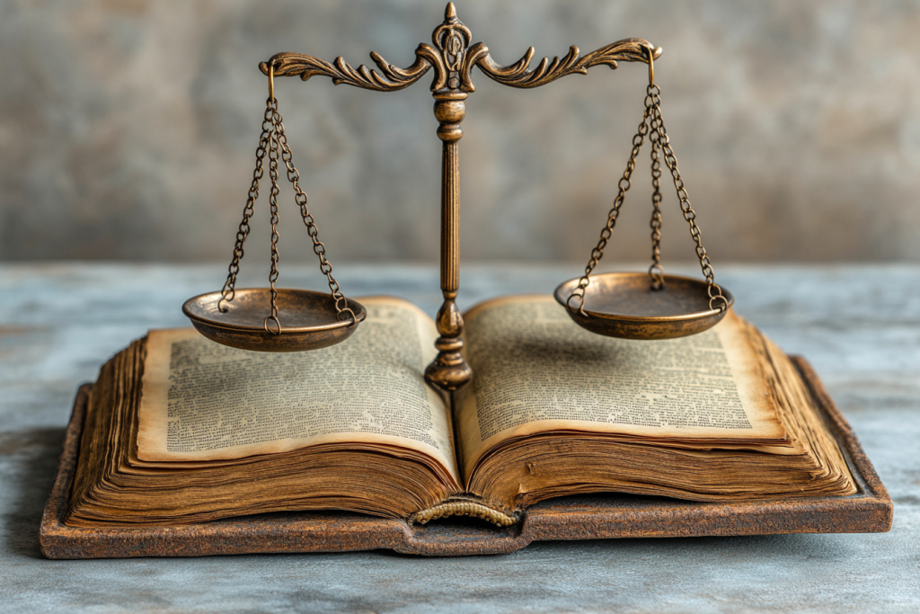 A vintage brass set of scales placed on an antique open book, symbolizing traditional legal knowledge and justice.