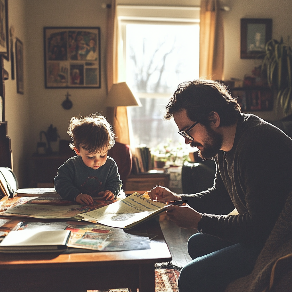 A parent guiding a child through a self-directed learning session at home.