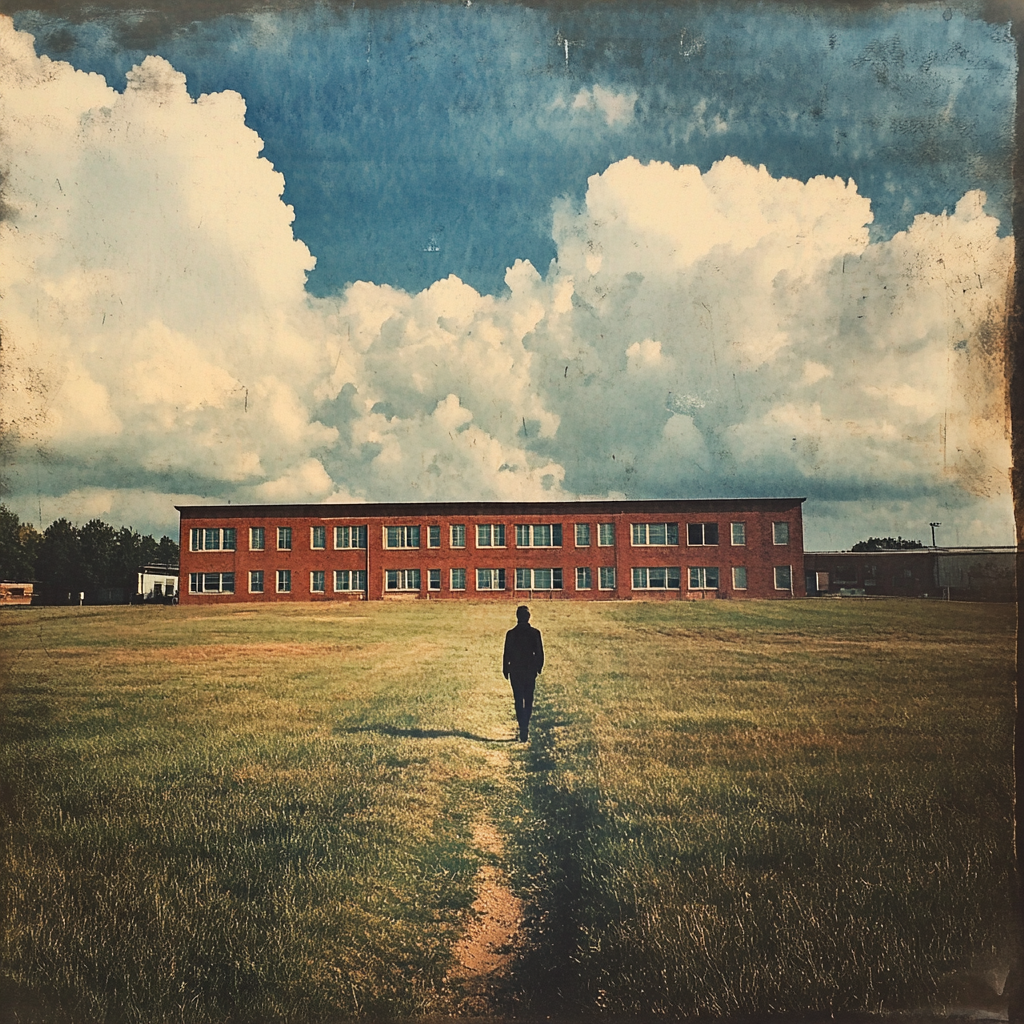 A person walking away from a school building toward an open field.