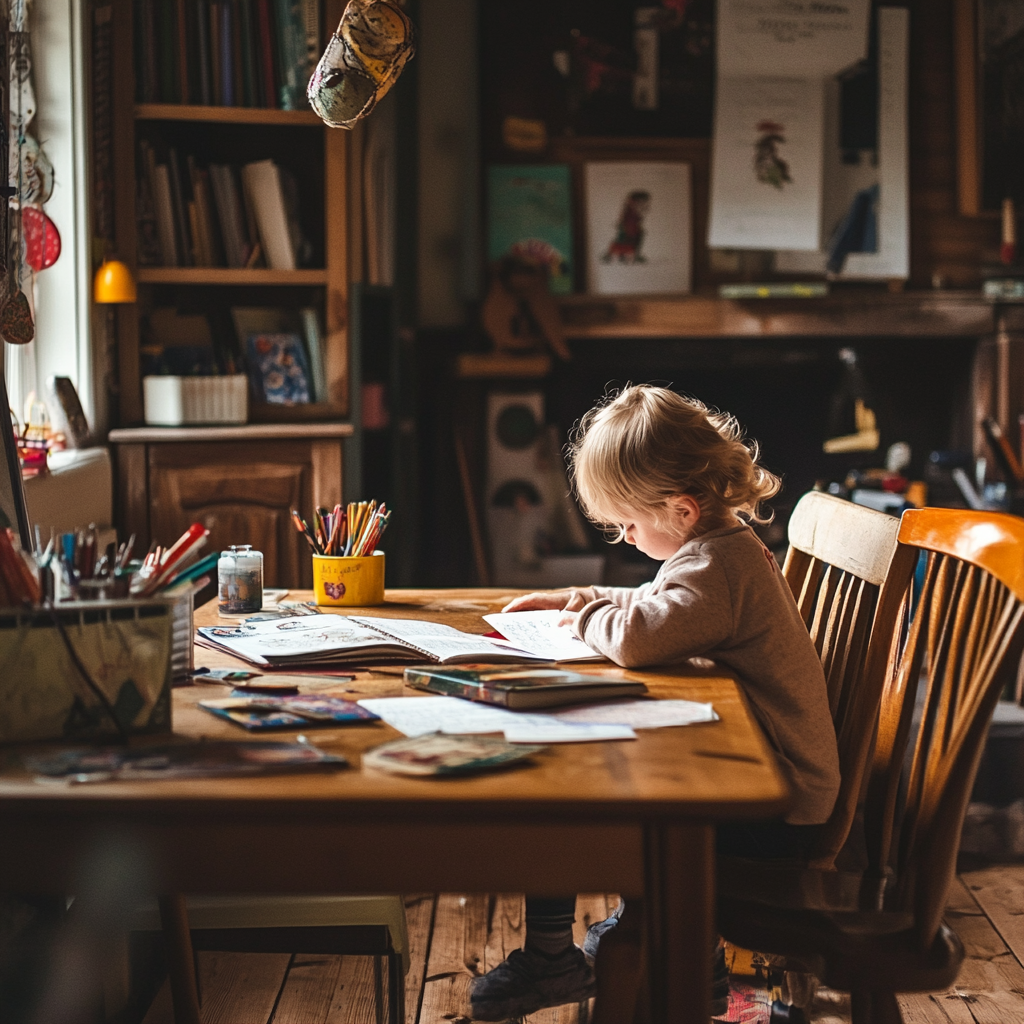 A child learning at home, surrounded by books and creative tools.