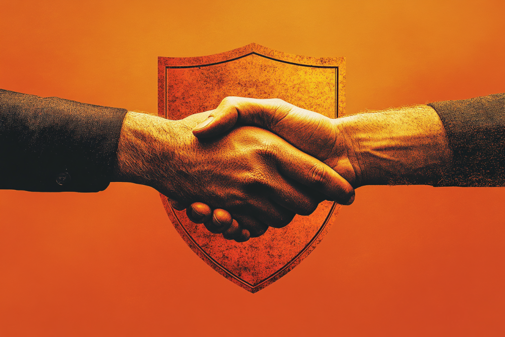 Two hands shaking in front of a shield icon, symbolizing trust, protection, and private agreements within the legal system.