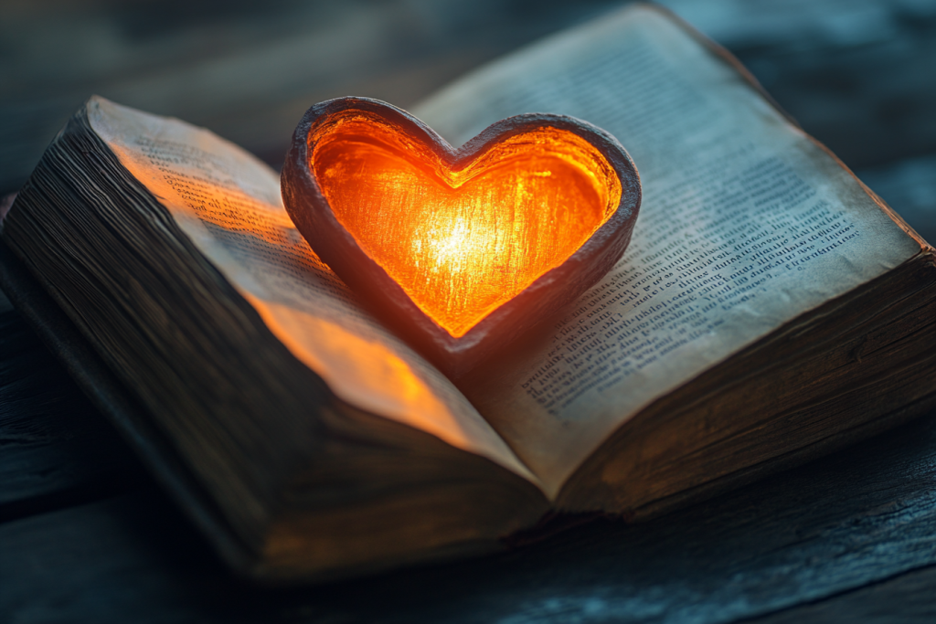 A vector-style journal with a glowing heart in the center, symbolizing forgiveness and self-reflection.