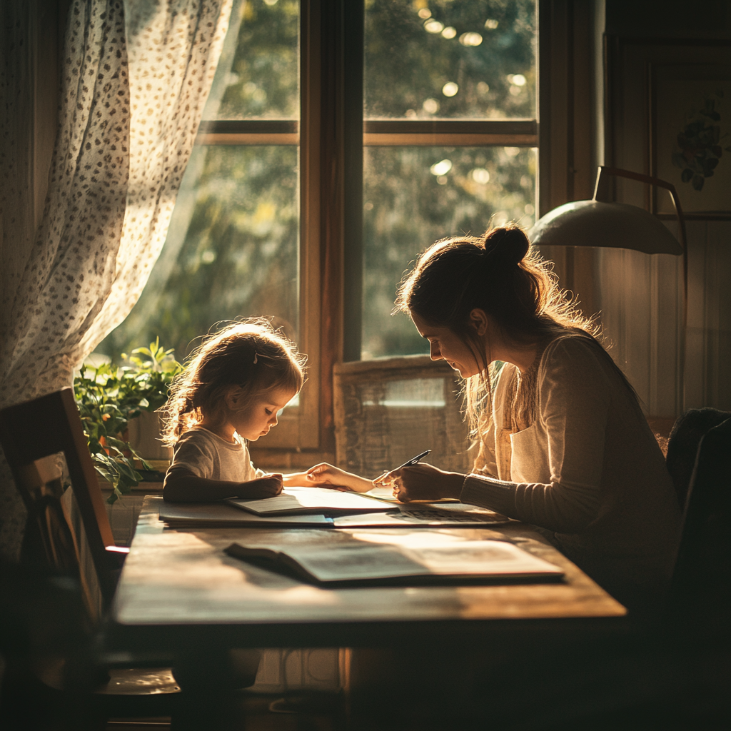A parent teaching a child at home, symbolizing homeschooling.