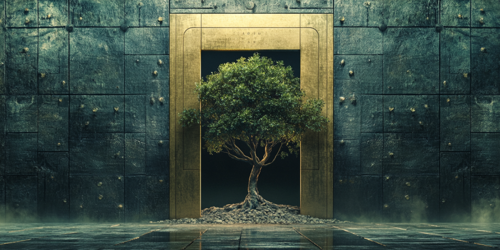 A thriving tree growing inside a golden vault, symbolizing protected, sovereign wealth.