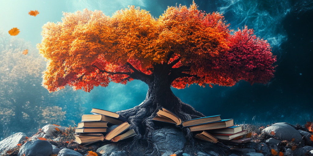 A vibrant tree with fiery orange and red leaves growing from an open stack of books, symbolizing the roots of knowledge and personal freedom.