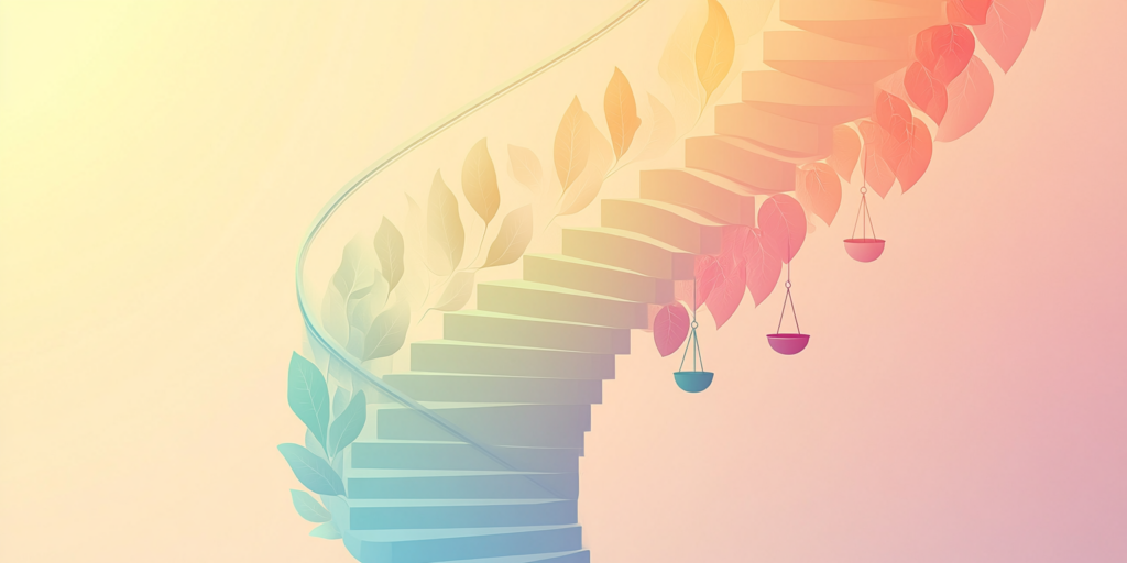 Minimalist spiral staircase icon with five ascending levels, each marked by a symbolic pillar icon.