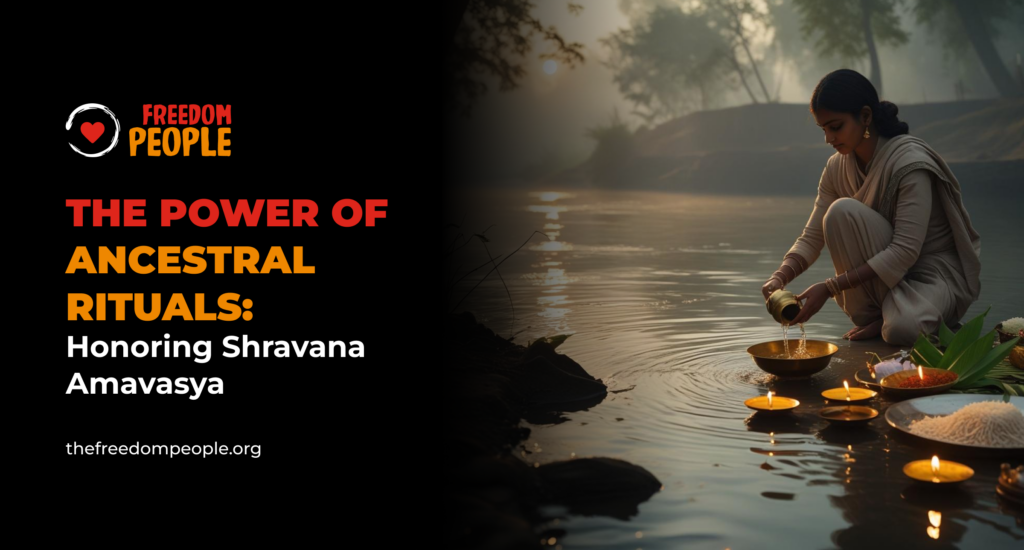 Woman in traditional attire performing ancestral rituals at a riverside with floating lamps and offerings