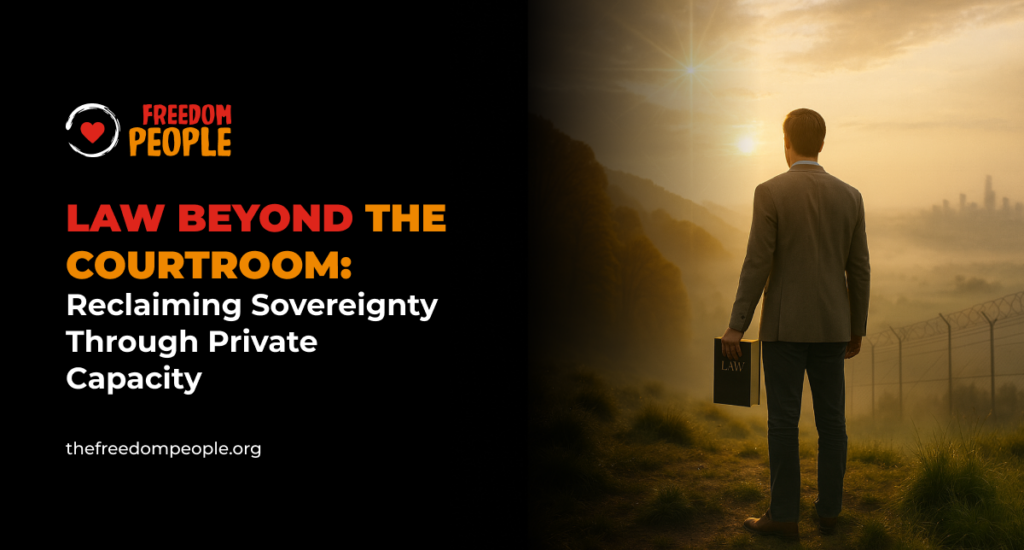 A man in a suit holding a law book gazes toward a sunrise over a city from a fenced ridge, symbolizing the transition from public control to private sovereignty.