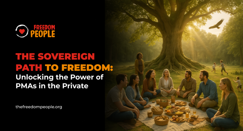 A peaceful community gathering under a massive tree in golden sunlight, symbolizing unity, nature, and freedom through Private Membership Associations (PMAs).