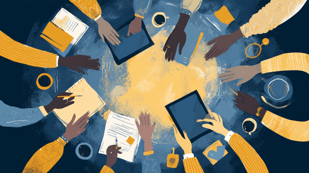Overhead view of diverse hands collaborating with tools and a subtle chain-link icon in navy and gold.