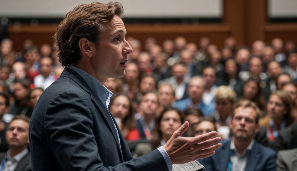 Image of a person giving a lecture to a group of people. 