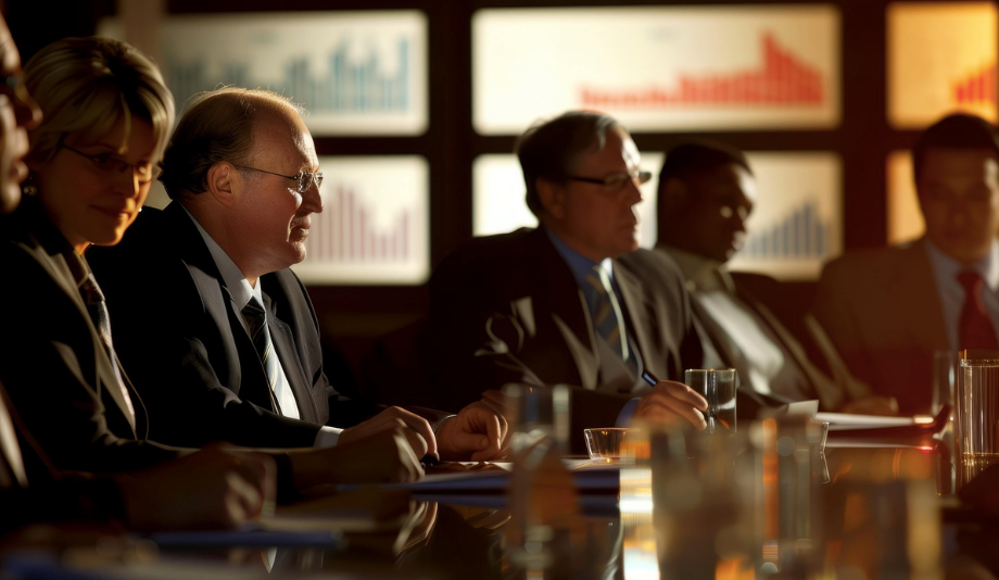 A group of people sitting around a table during a business meeting.