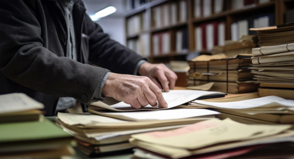 Image of a person going through stacks of documents. 
