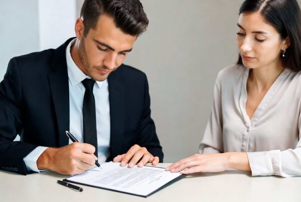 Two individuals meeting to review and sign a Private Membership Association agreement.