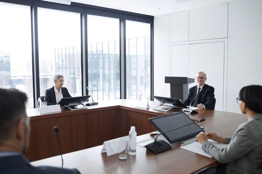 Professionals seated around a large conference table in a modern boardroom with large windows.