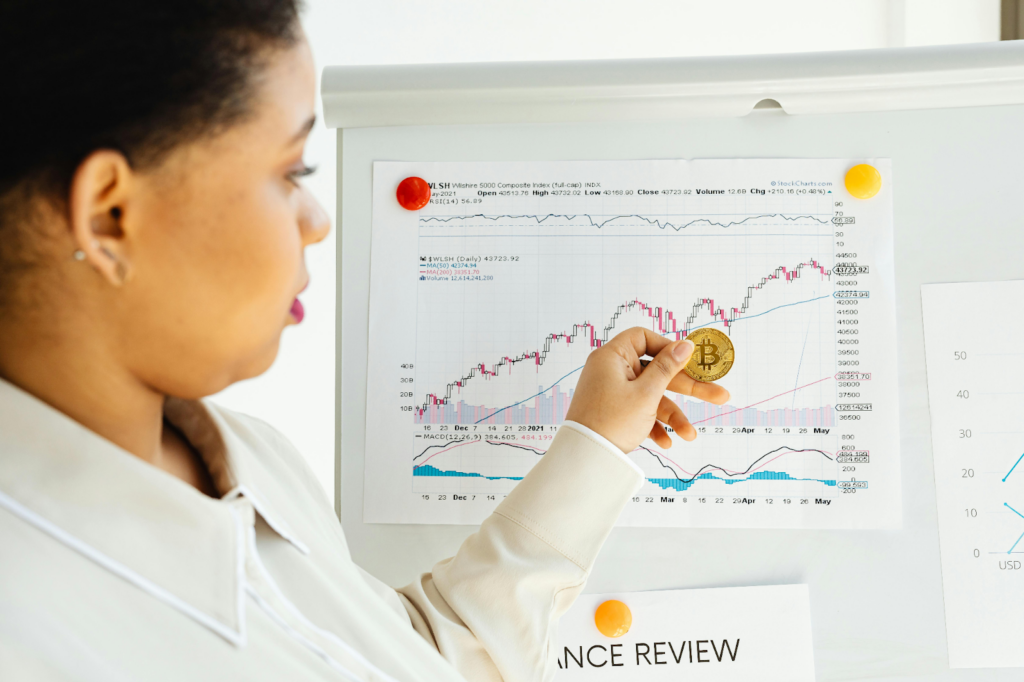 A woman holding a Bitcoin coin in front of a stock market chart on a board.