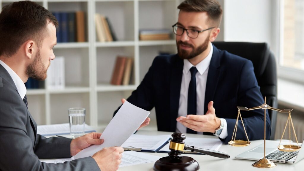 A lawyer discussing legal documents with a client at a desk.