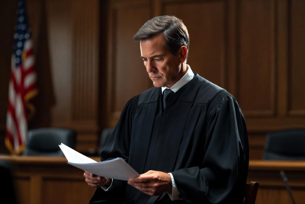A judge reviewing a property dispute case file in a courtroom.