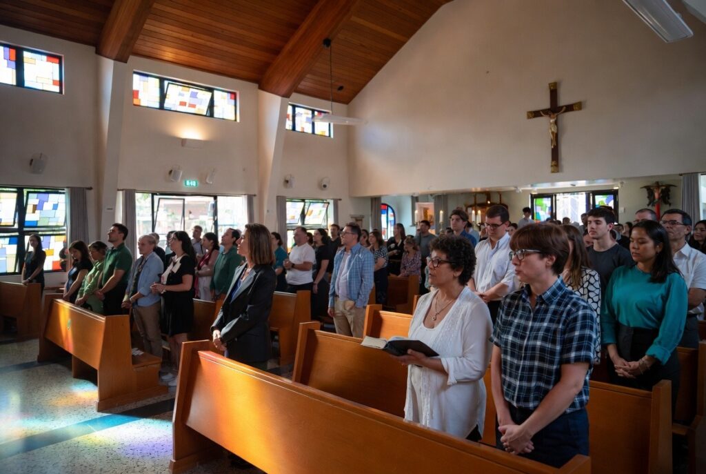 A congregation gathered inside a church for a worship service.