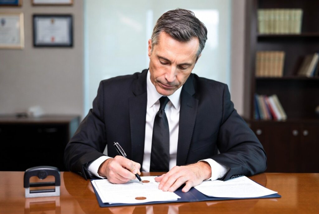 A person signing a trust deed document at a desk.