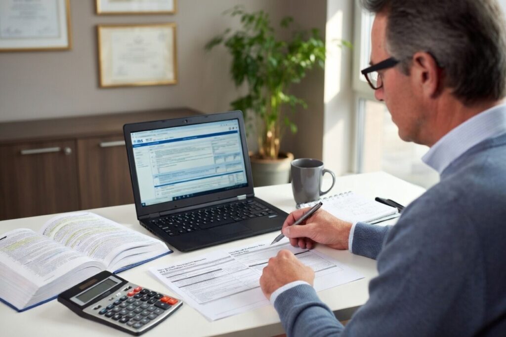 A tax professional reviewing IRS regulations for nonprofit investment income at a desk.