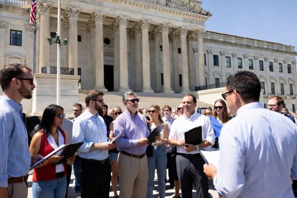 A civic advocacy group gathered outside a government building.