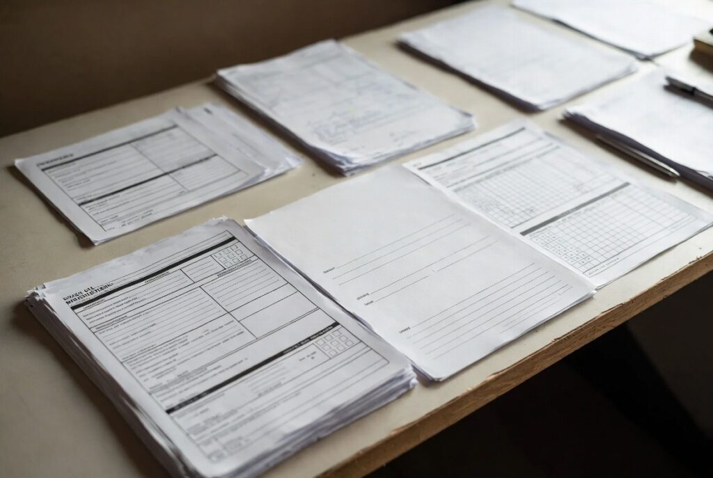 Tax-exempt application documents and compliance forms on a desk.


