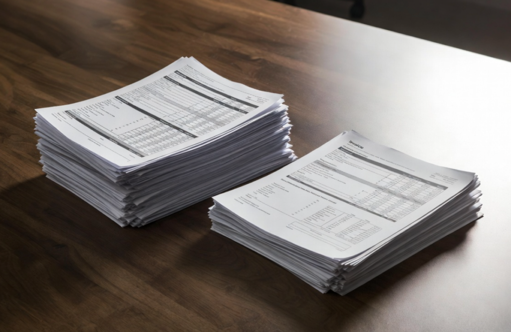Two stacks of printed documents with tables and text placed on a wooden desk.