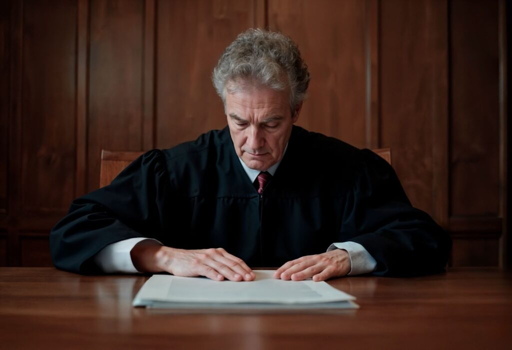 Judge reviewing legal documents in a courtroom.