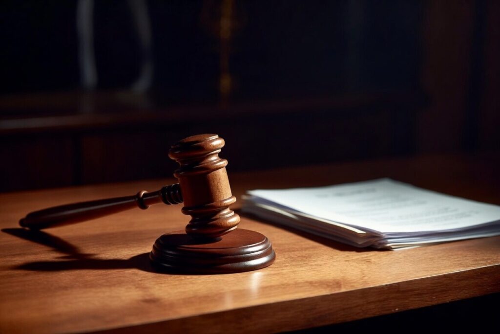 A wooden gavel resting on a desk beside legal documents.