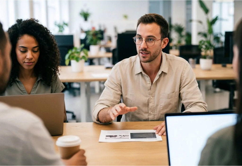 A group of professionals discussing the best legal structure to form for a holding company
