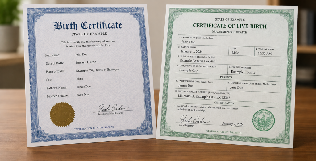 Images of a birth certificate and a certificate of live birth