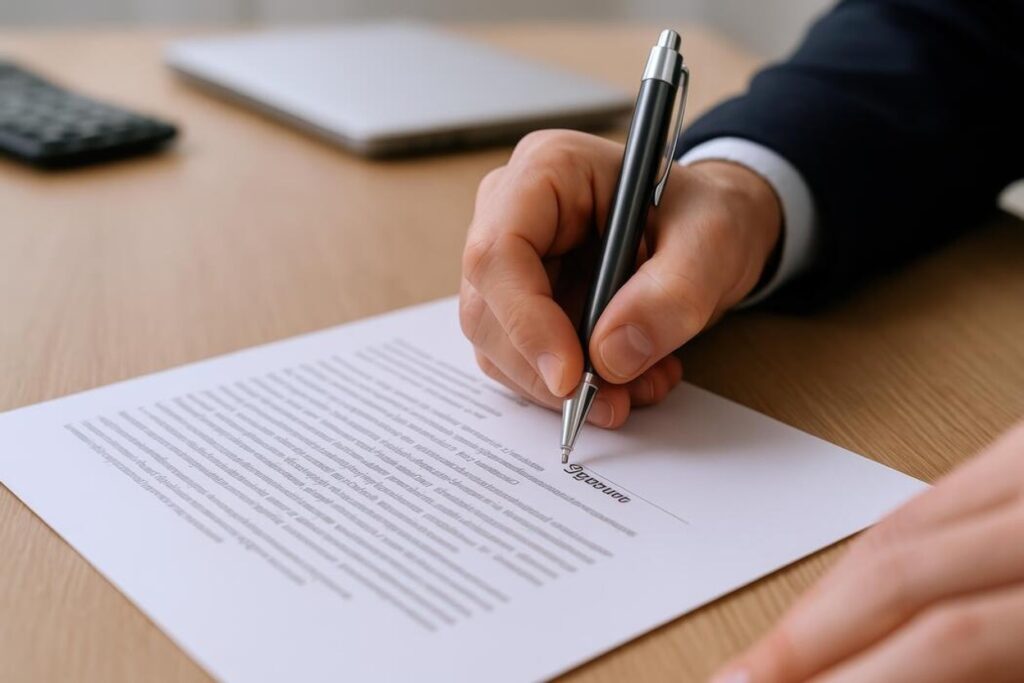 Close-up of a person in a suit signing a formal legal document at a desk with a pen, calculator, and laptop nearby.