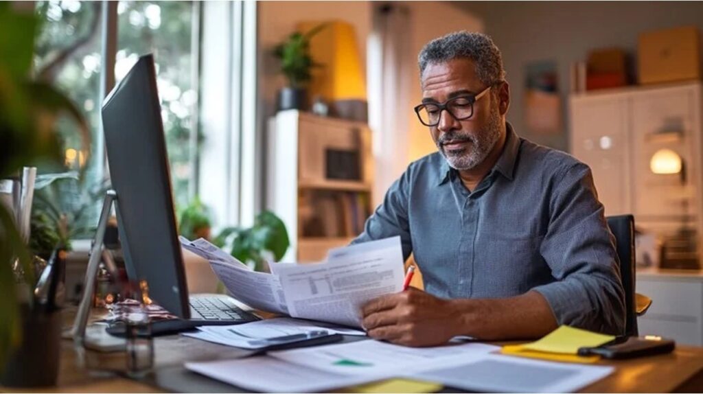 Middle-aged man with glasses carefully reviewing legal documents at a home office desk, with a computer and scattered paperwork in front of him.