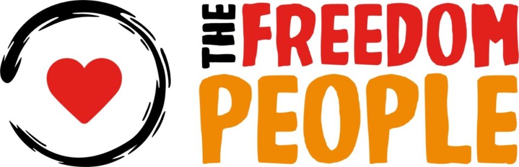 The Freedom People logo, with a red heart inside a black circle. 
