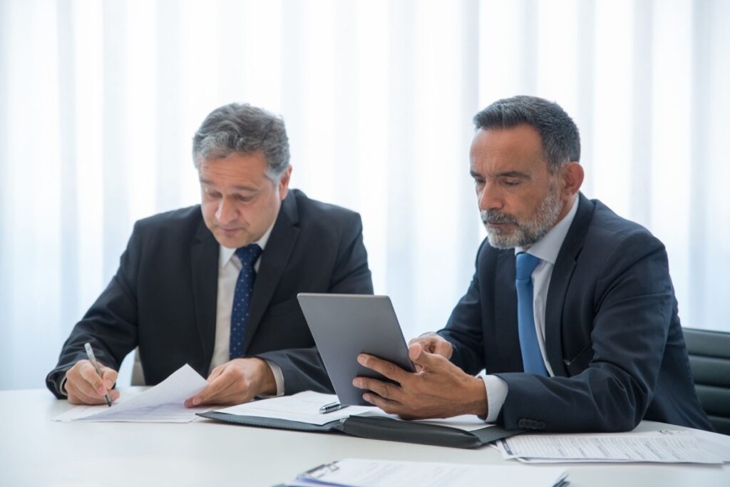 Two business owners reviewing nonprofit structure documents during a meeting