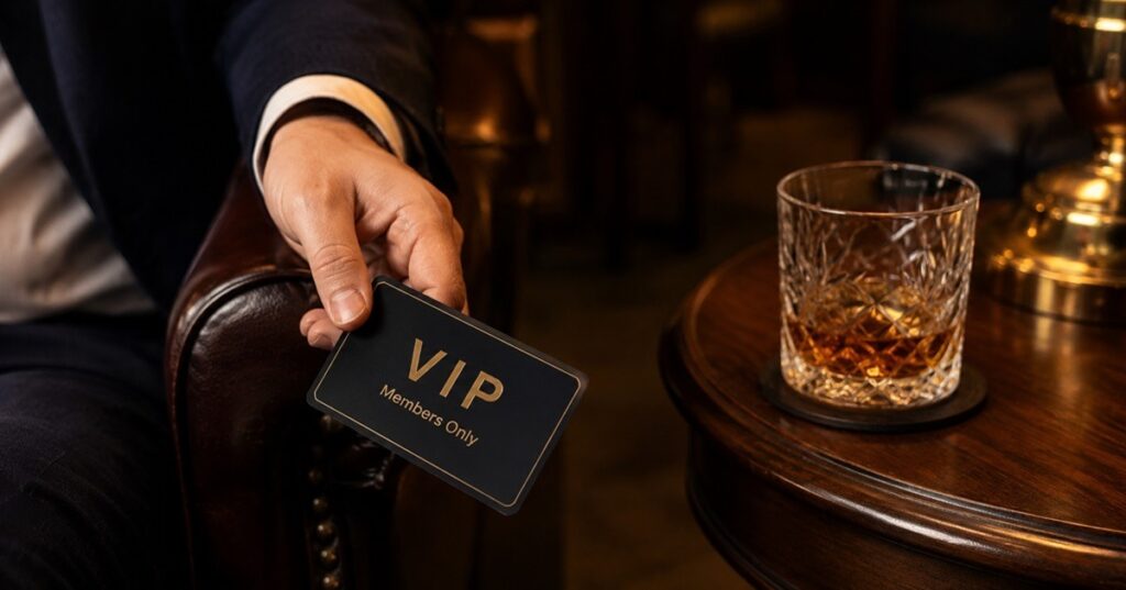 A person holding a VIP members-only card in a private club setting.
